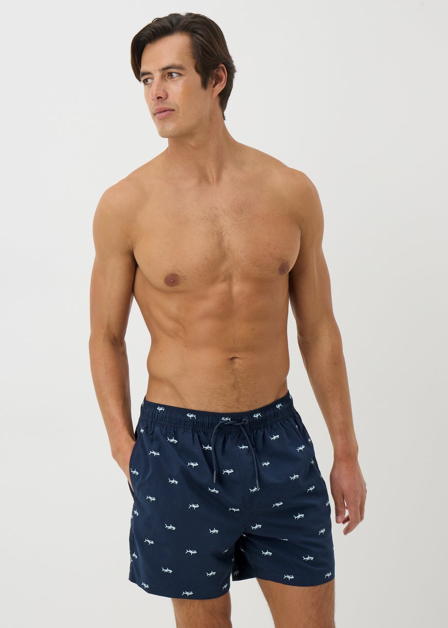 Navy Shark Embroidered Swim Shorts