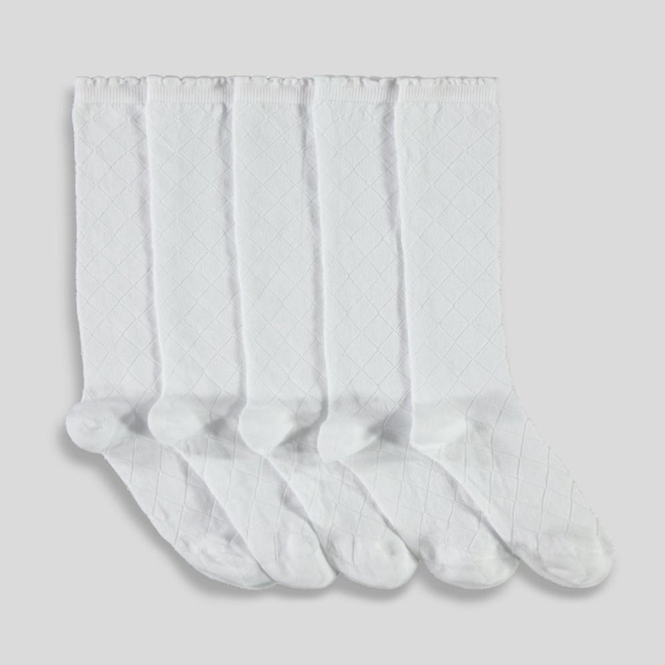 5 Pack White Diamond Knee High Socks (Younger 6-Older 6.5)
