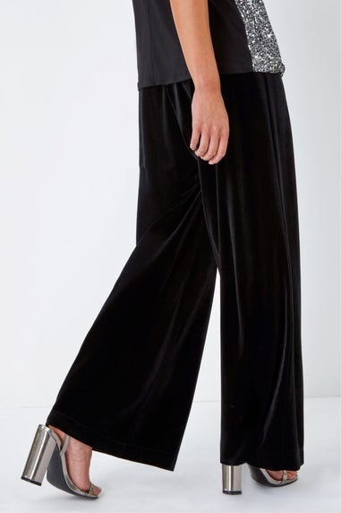 Roman Black Petite Wide Leg Velvet Stretch Trouser
