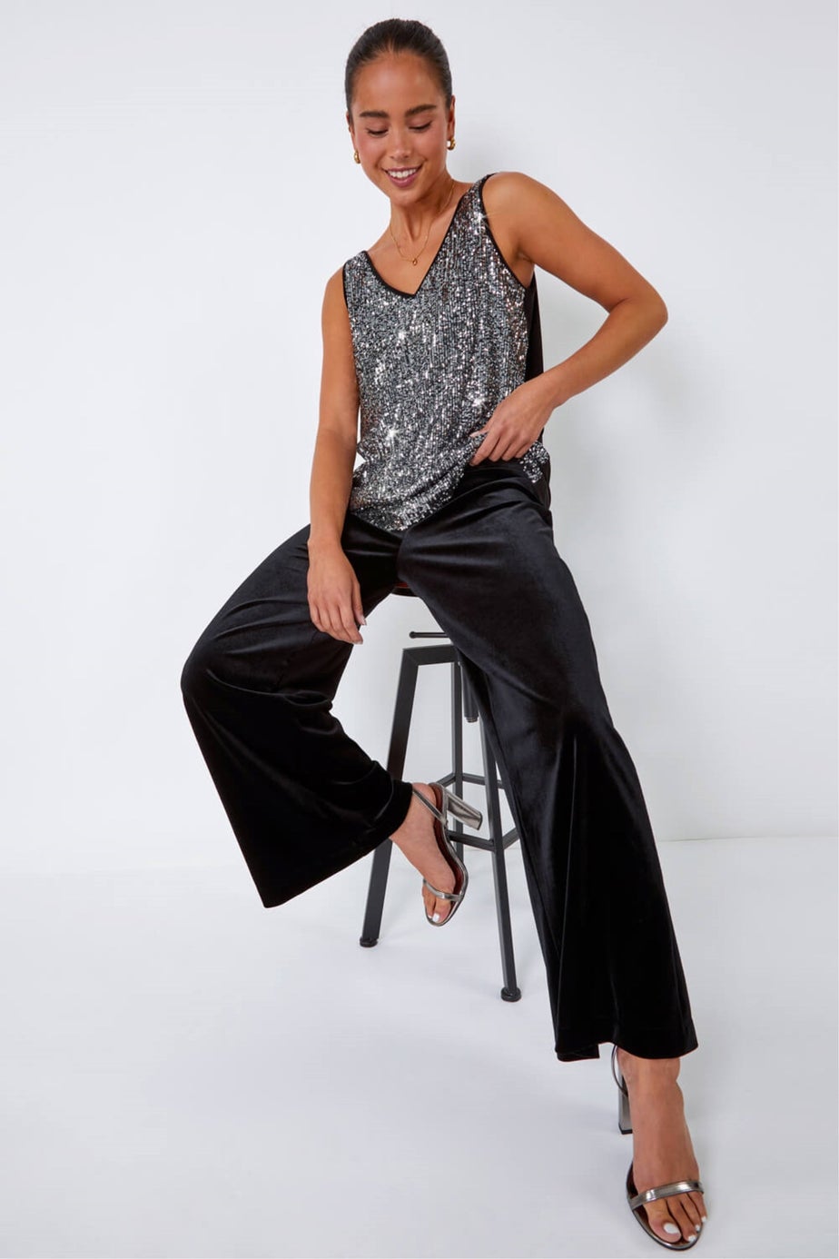 Roman Black Petite Wide Leg Velvet Stretch Trouser