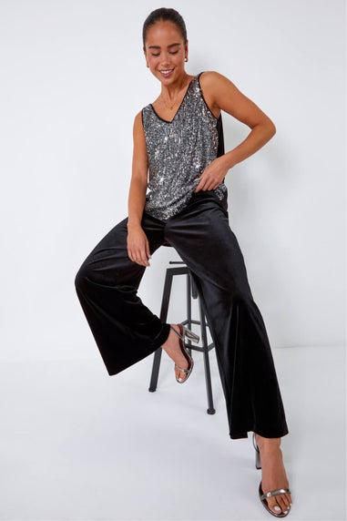 Roman Black Petite Wide Leg Velvet Stretch Trouser