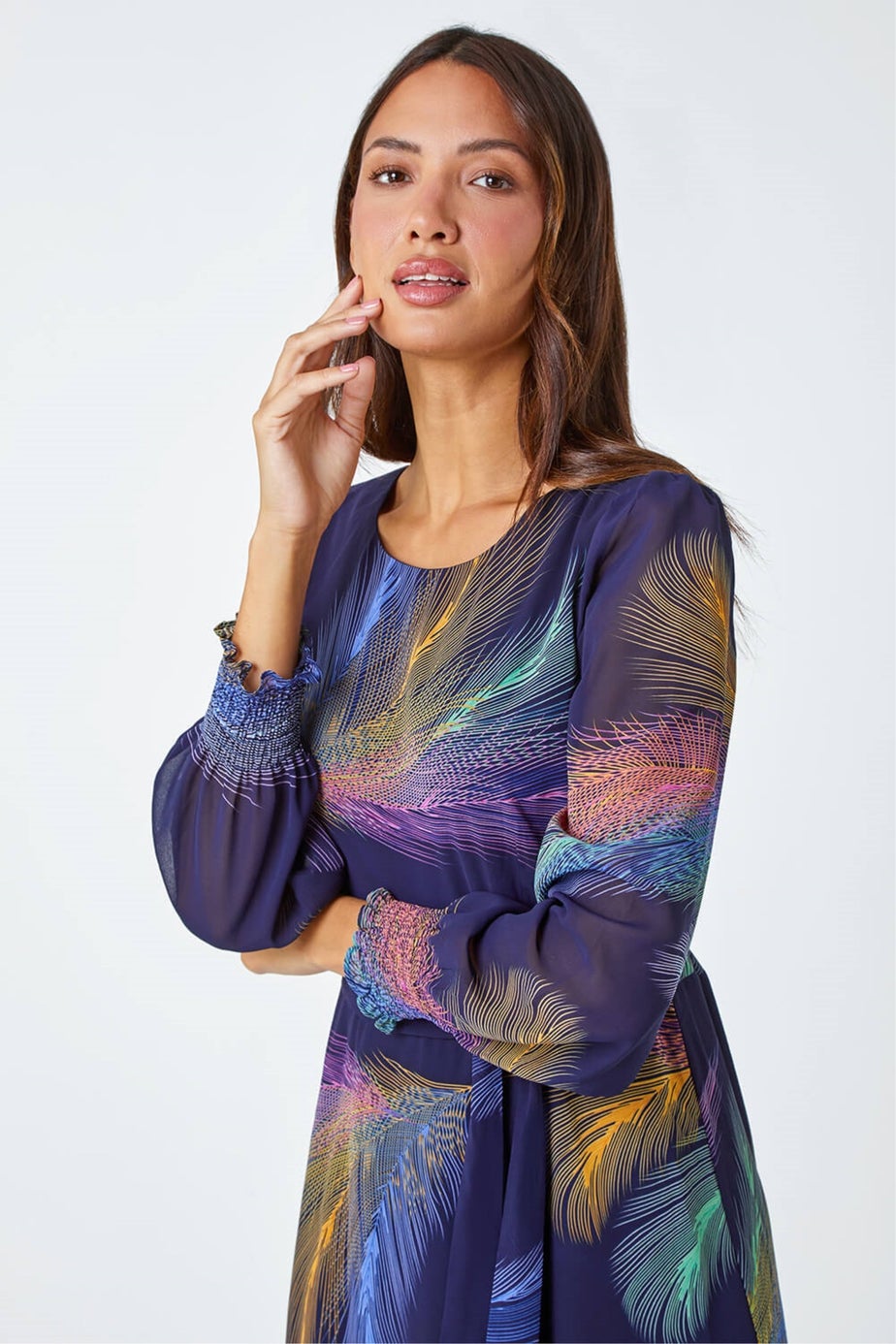 Roman Purple Feather Print Belted Midi Dress