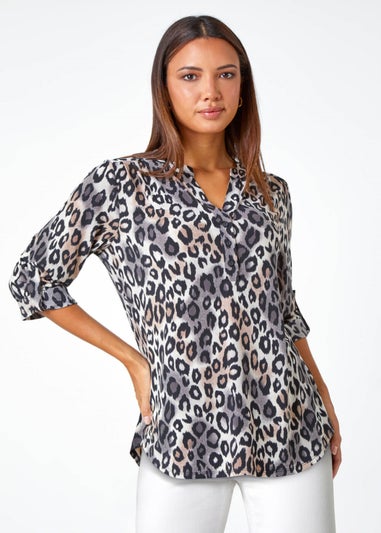 Roman Taupe Animal Print Stretch Blouse