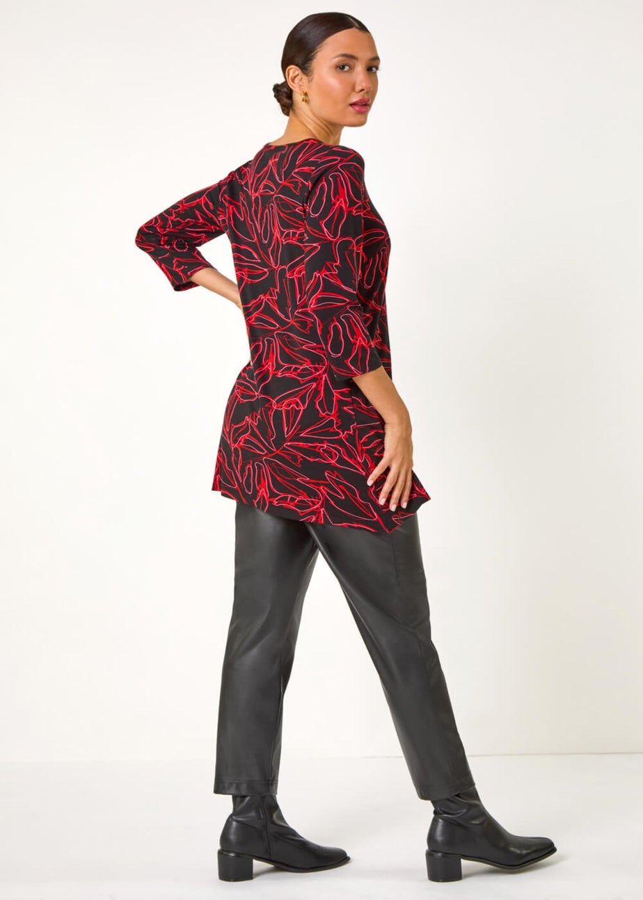 Roman Red Leaf Print Stretch Tunic Top