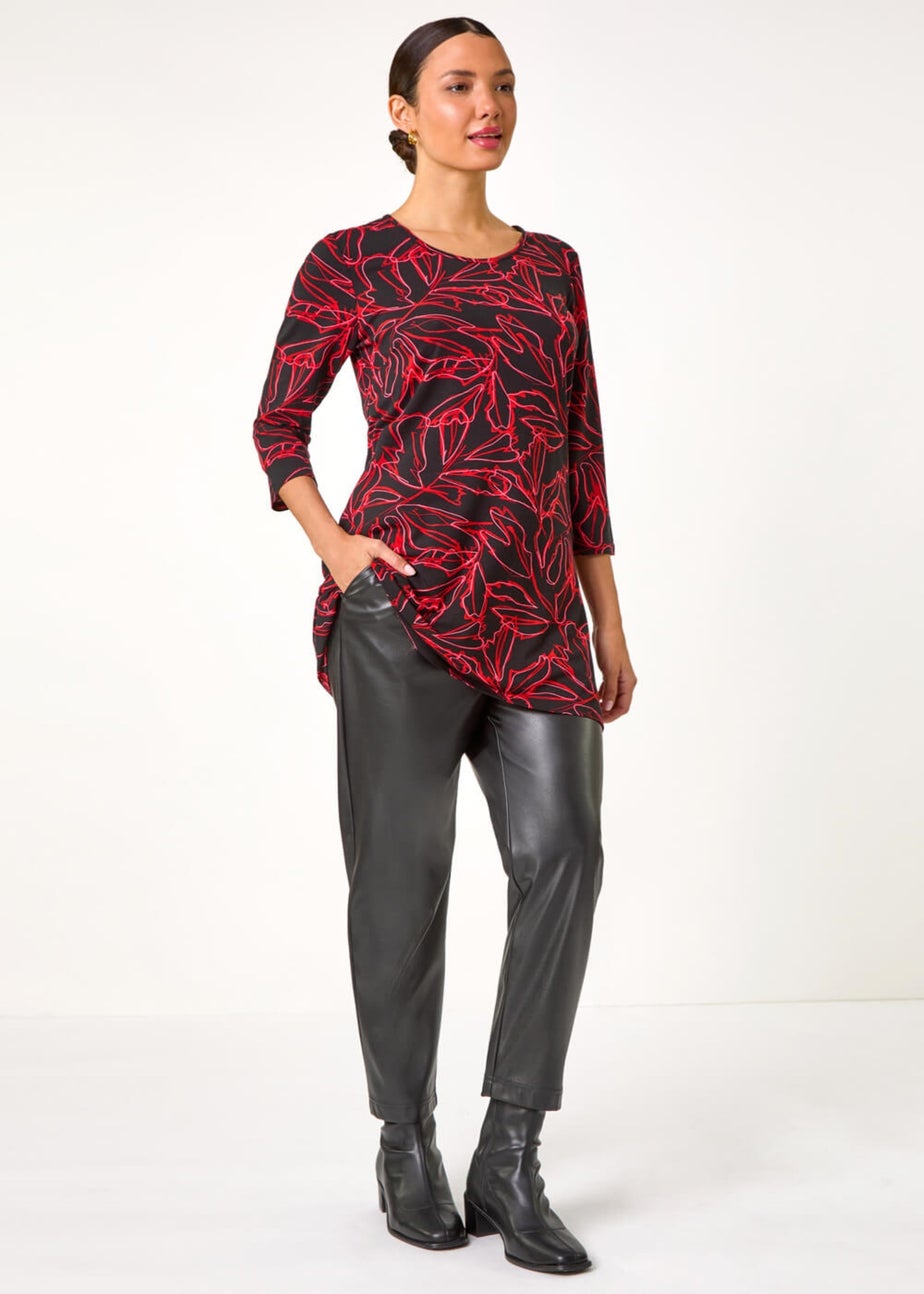 Roman Red Leaf Print Stretch Tunic Top