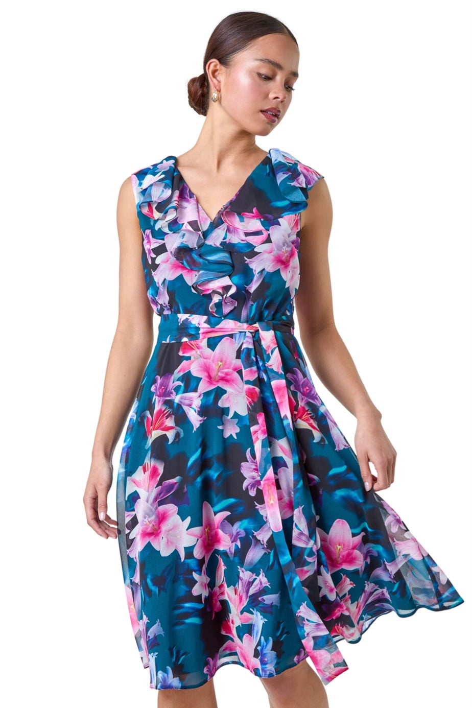 Roman Navy Petite Frill Detail Floral Dress