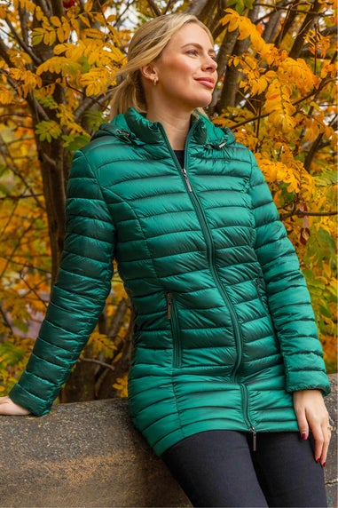 Roman Green Longline Quilted Hooded Puffer Coat