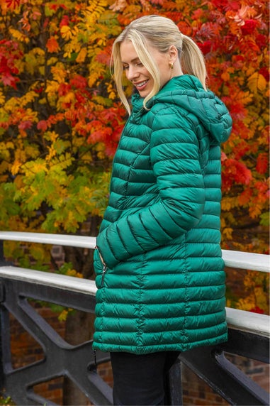Roman Green Longline Quilted Hooded Puffer Coat