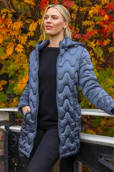 Roman Steel Blue Hooded Quilted Puffer Coat