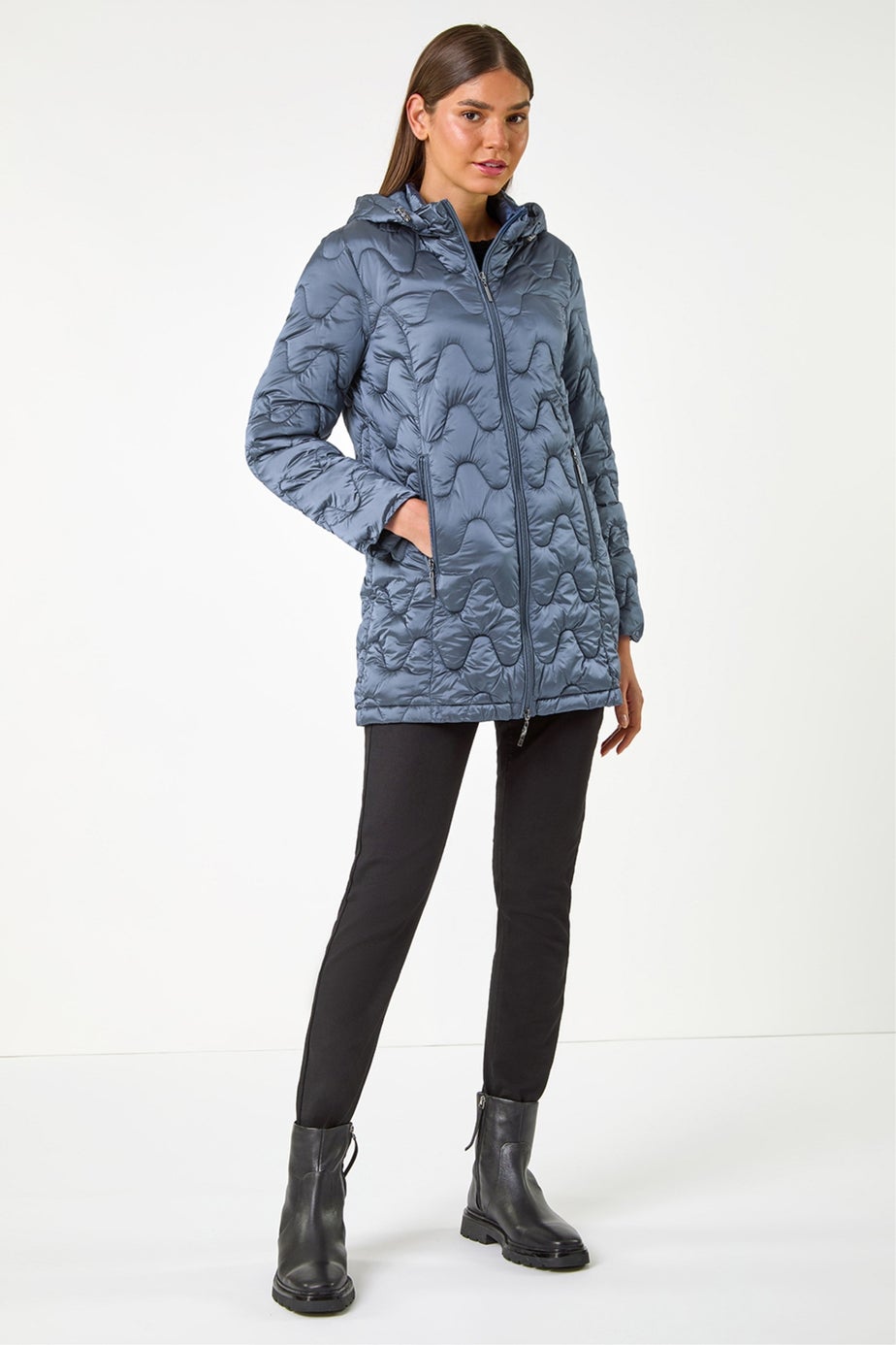 Roman Steel Blue Hooded Quilted Puffer Coat