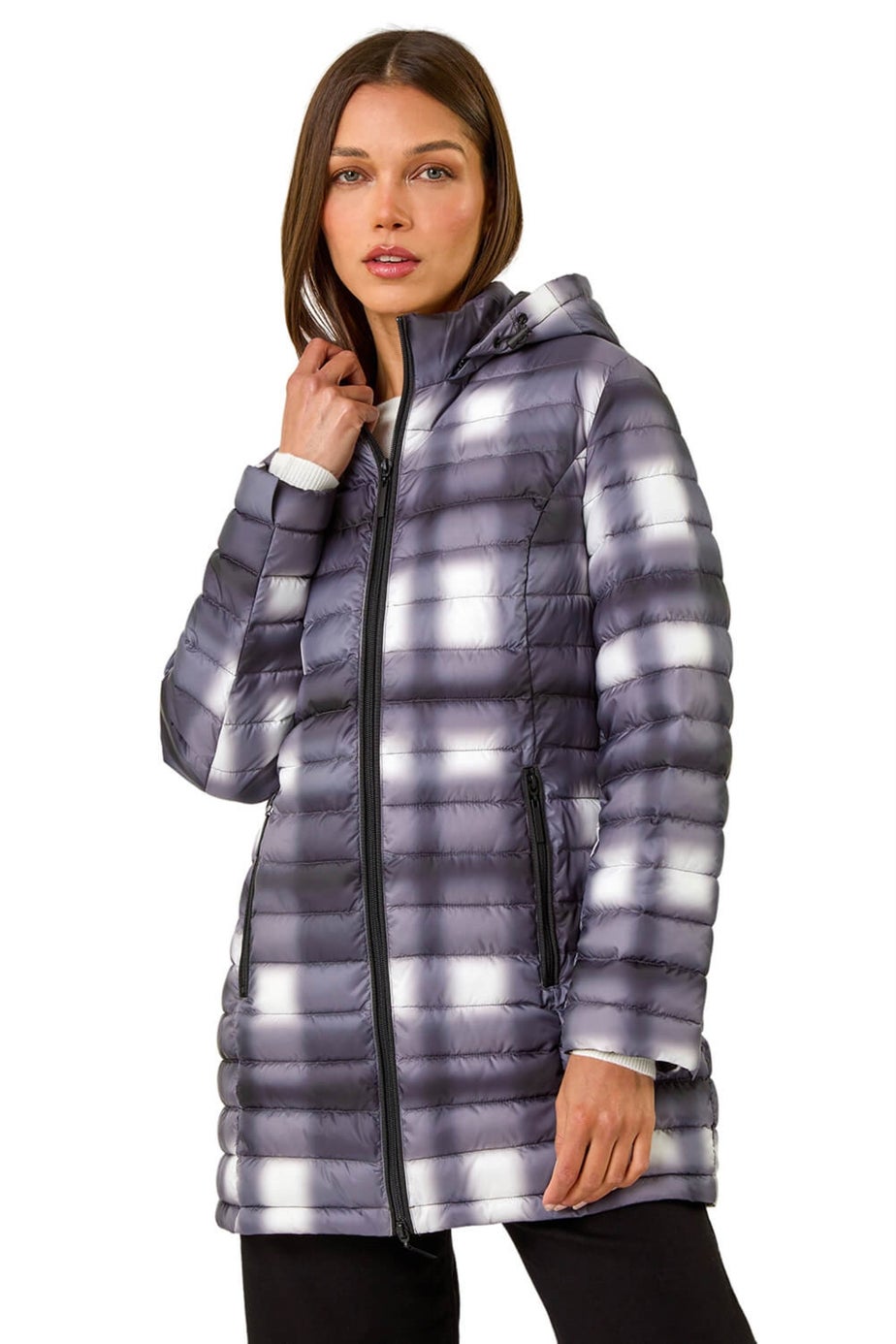 Roman Black Check Print Quilted Puffer Coat