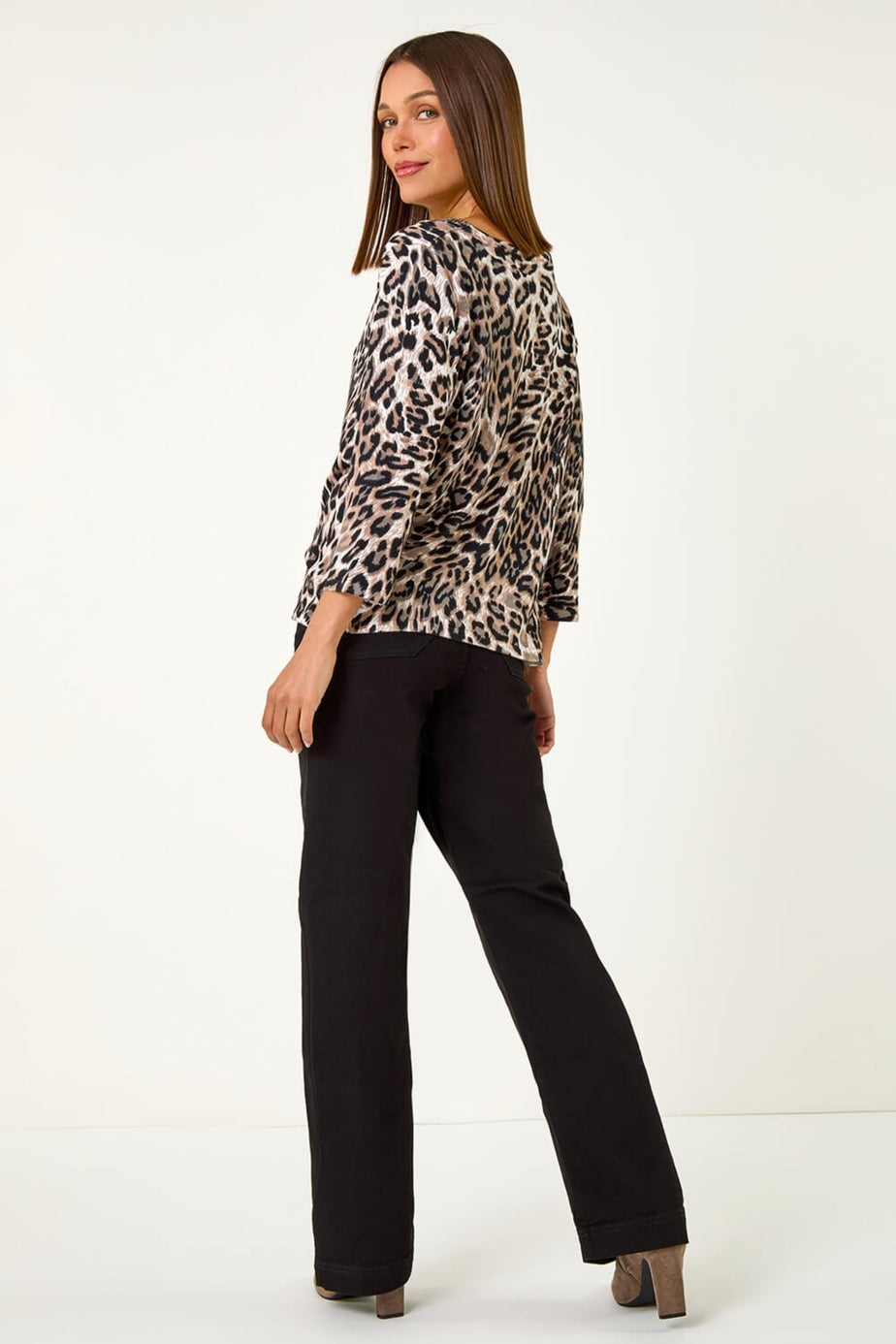 Roman Taupe Animal Print Embellished Neck Jumper