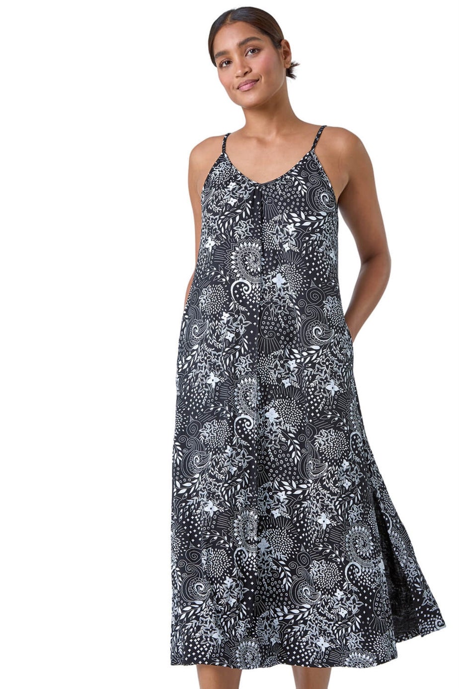 Roman Black Abstract Strappy Swing Stretch Midi Dress