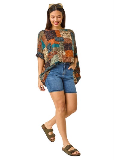 Roman Dark Green Paisley Patchwork Print Woven Top