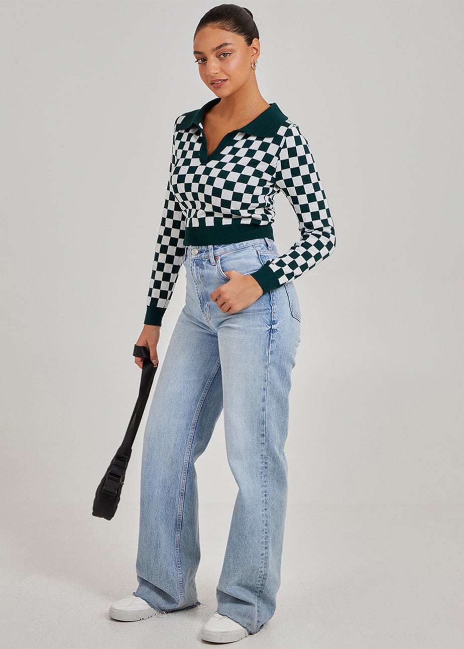 Pink Vanilla Green Notch Collar Checkered Top