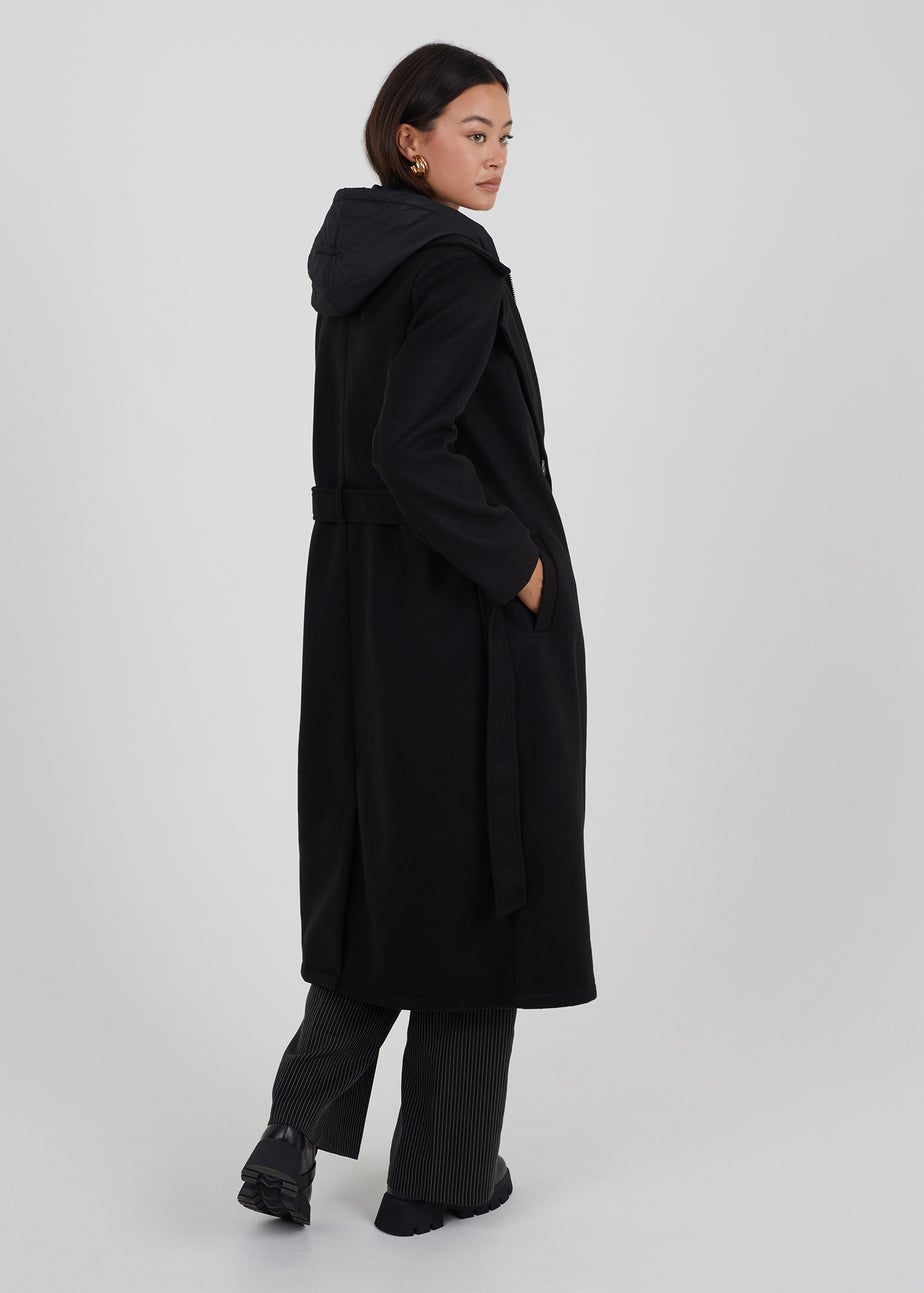 Brave Soul Black Faux Wool Maxi Hooded Trench Coat
