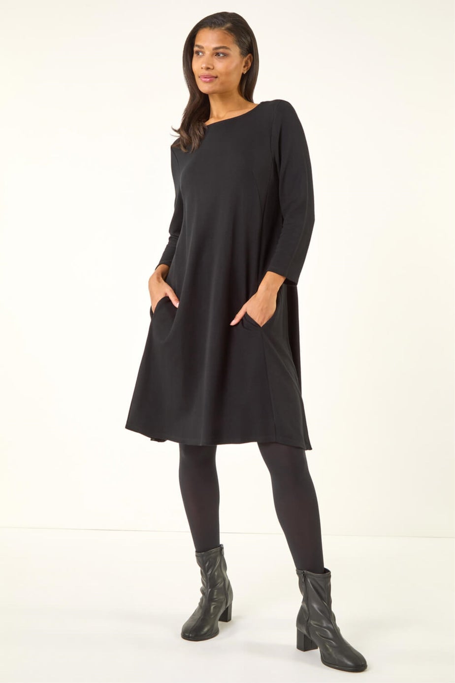 Roman Black A-Line Pocket Detail Swing Dress