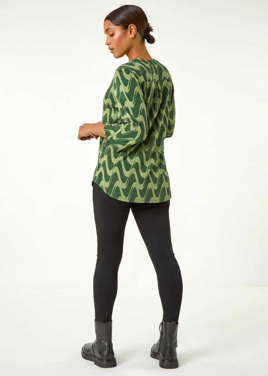 Roman Green Geometric Print Stretch Blouse