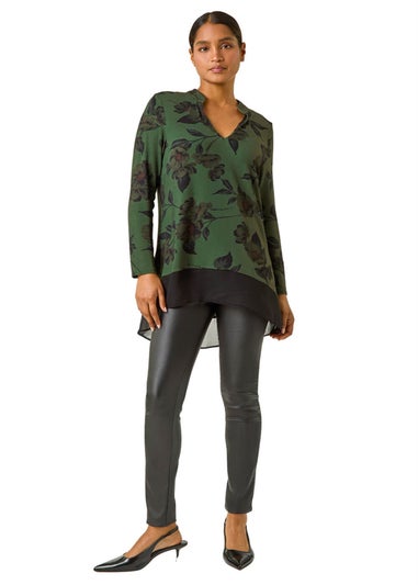 Roman Dark Green Floral Chiffon Hem Blouse