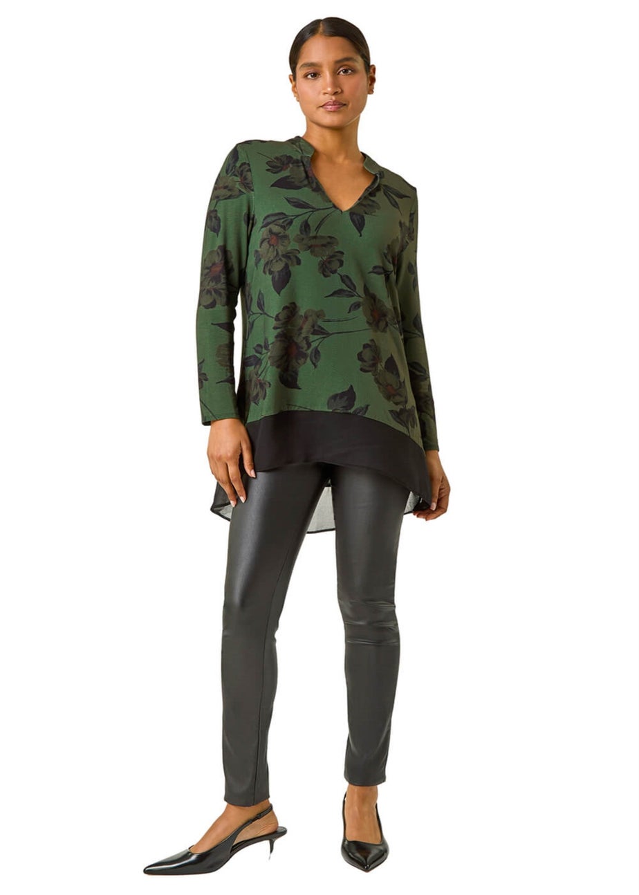 Roman Dark Green Floral Chiffon Hem Blouse