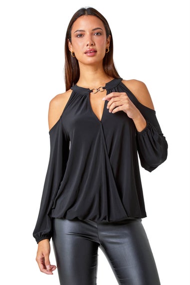 Roman Black V-Neck Cold Shoulder Wrap Stretch Top