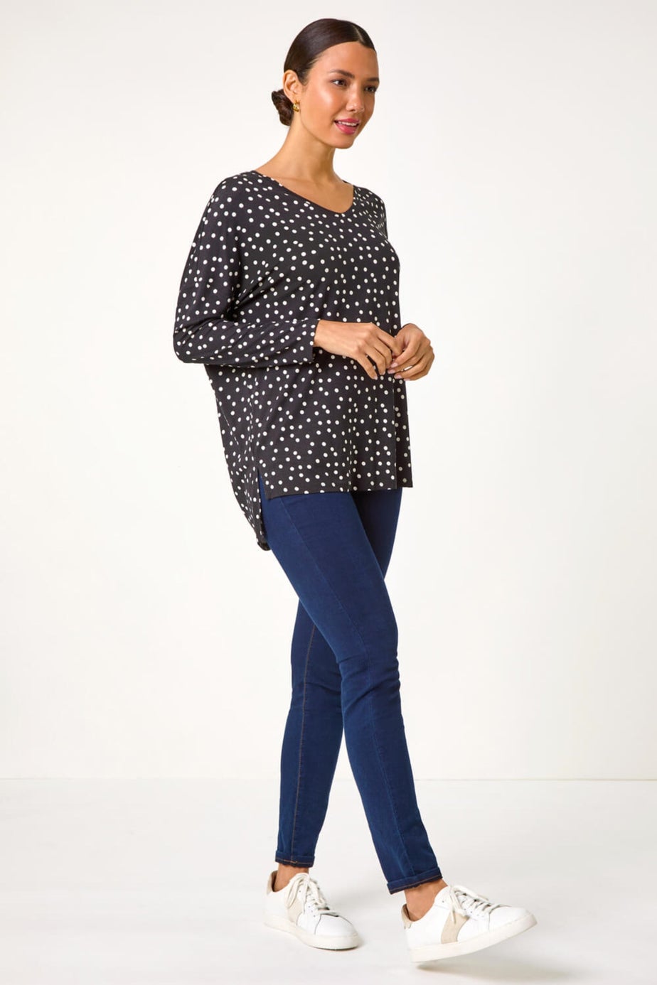 Roman Black Spot Print Stretch Tunic Top