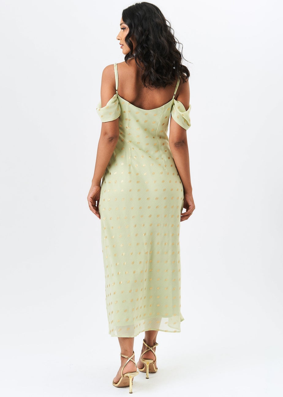 Gini London Sage Green Cowl Neck Drop Sleeves Foil Maxi Dress