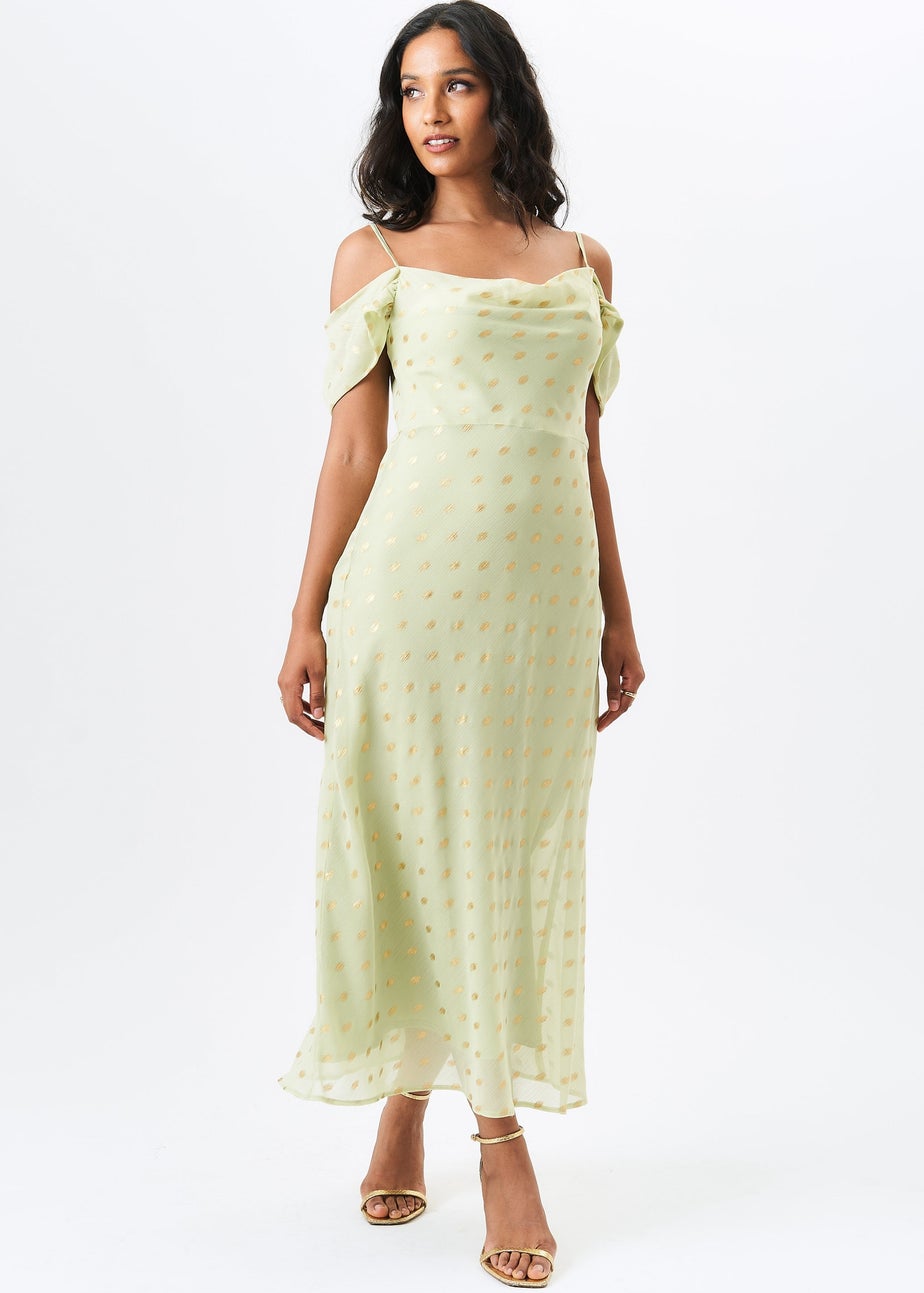 Gini London Sage Green Cowl Neck Drop Sleeves Foil Maxi Dress