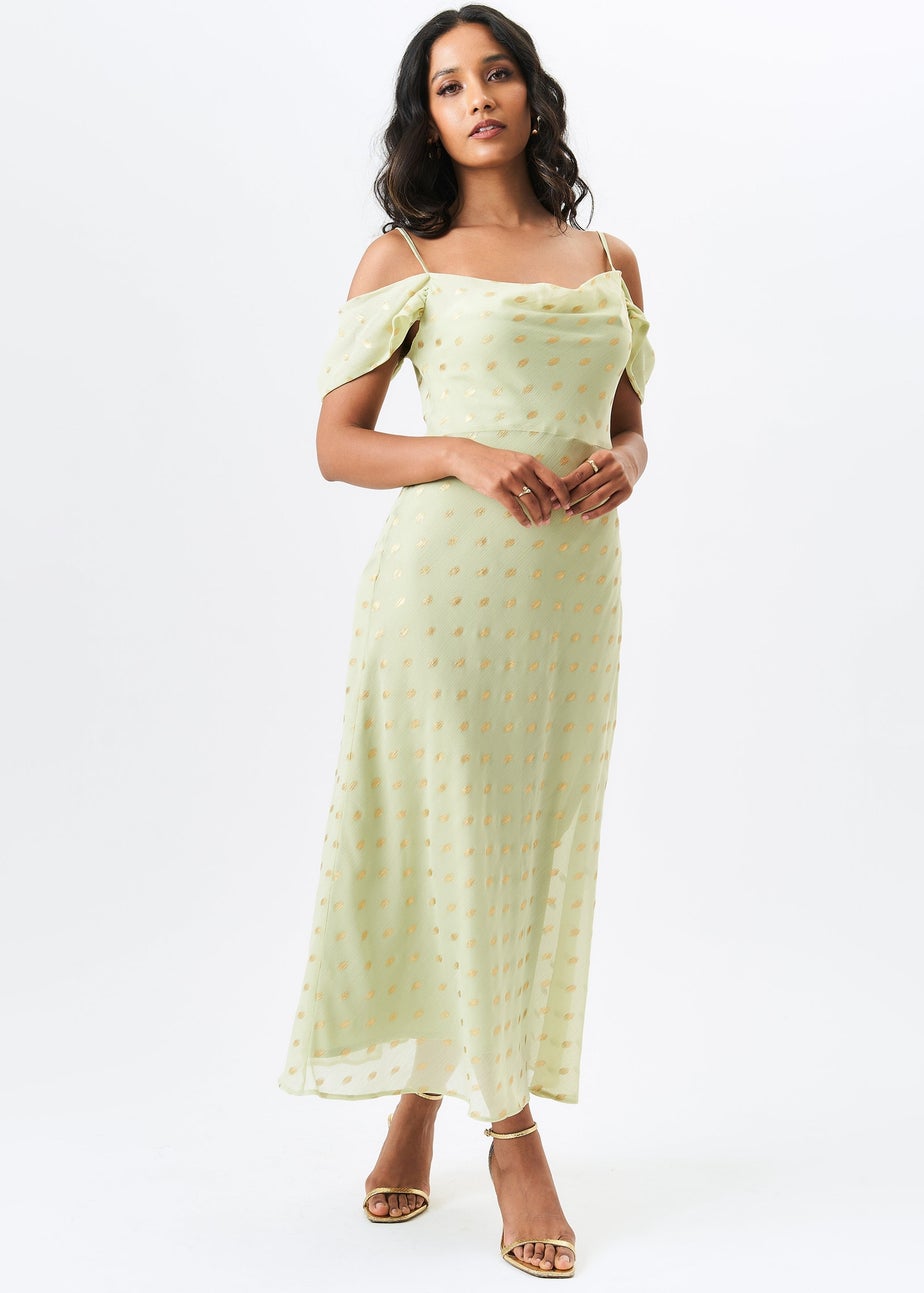 Gini London Sage Green Cowl Neck Drop Sleeves Foil Maxi Dress