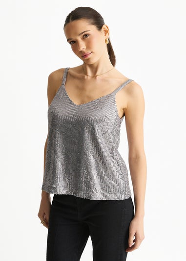 Gini London Silver Sequin V Neck Cami Top