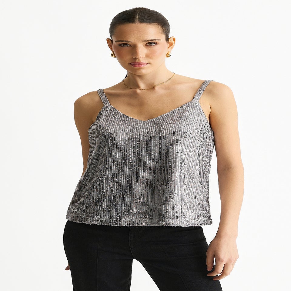 Gini London Silver Sequin V Neck Cami Top