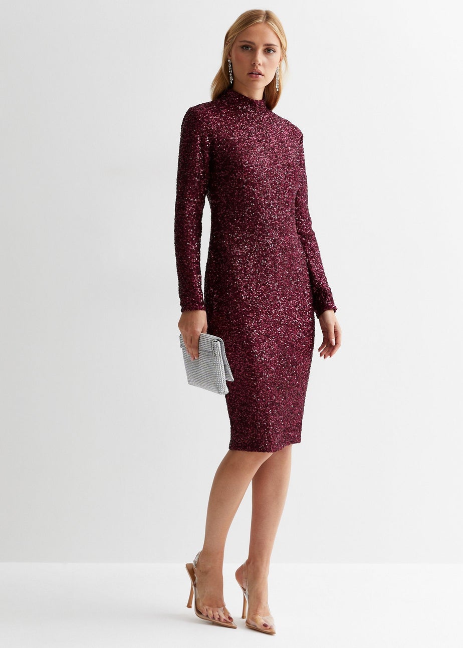 Gini London Plum Sequin High Neck Bodycon Dress