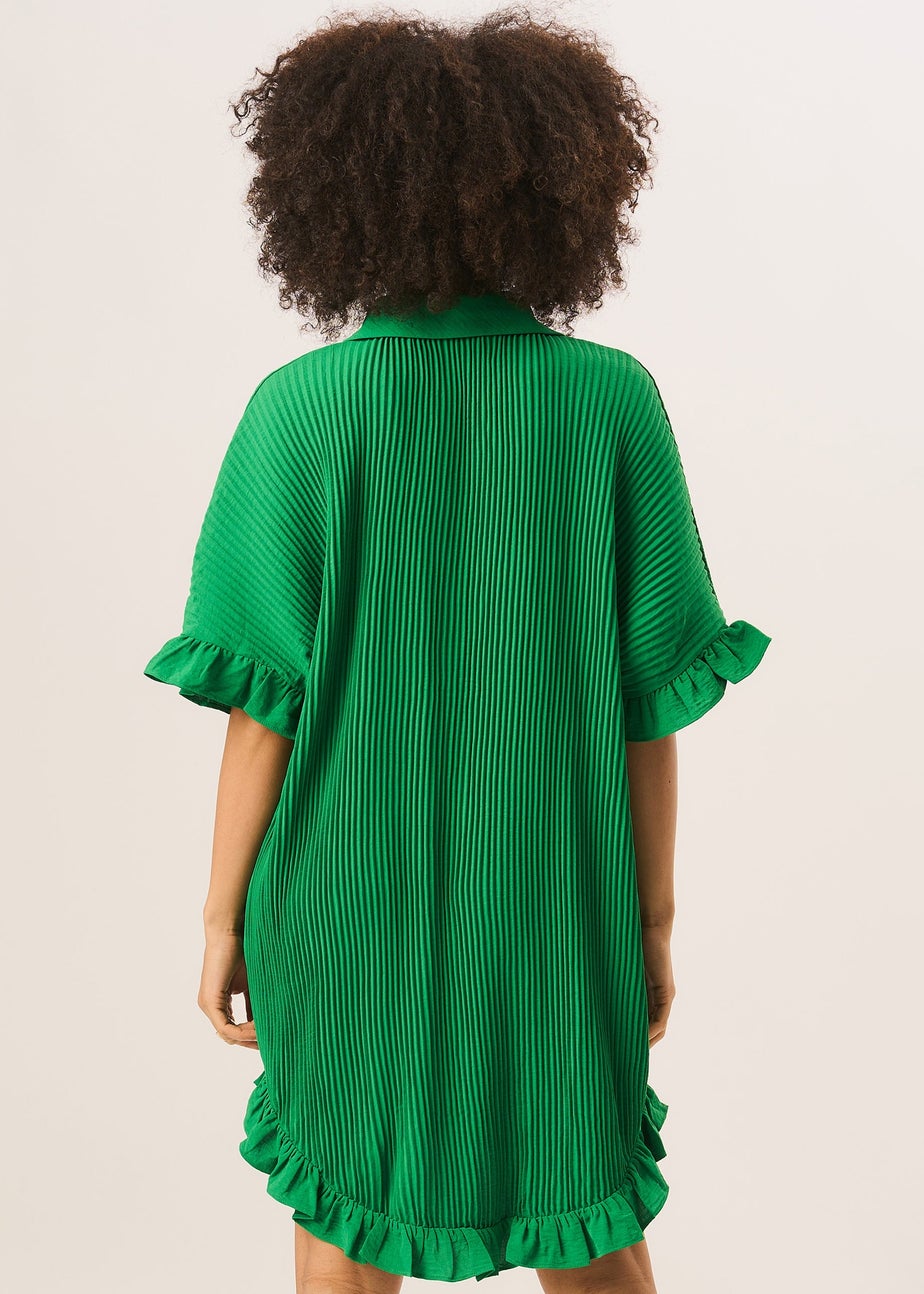Gini London Green Plisse Frill Detail Oversized Shirt Dress