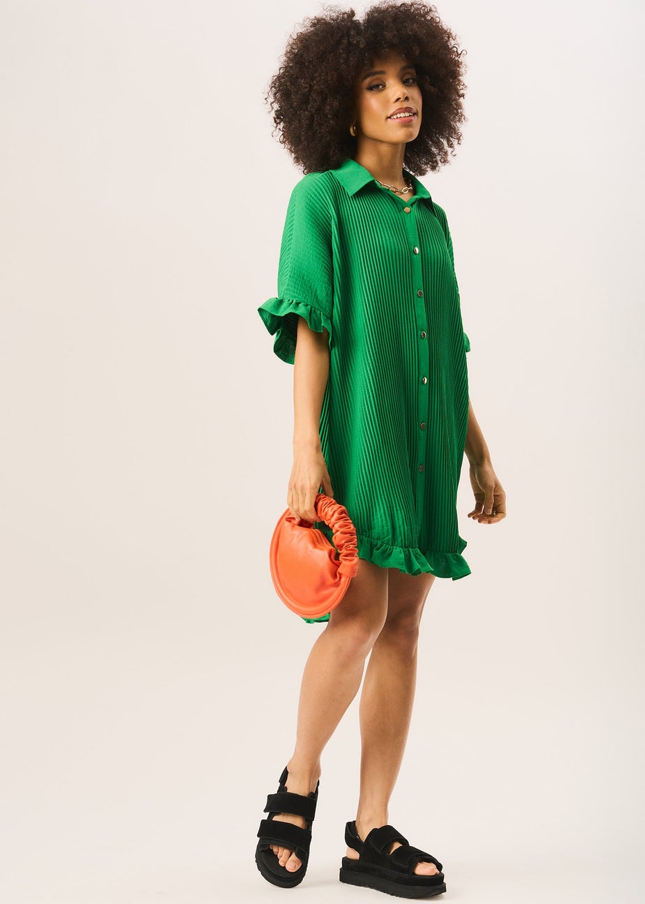 Gini London Green Plisse Frill Detail Oversized Shirt Dress
