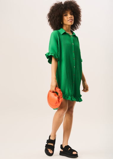 Gini London Green Plisse Frill Detail Oversized Shirt Dress