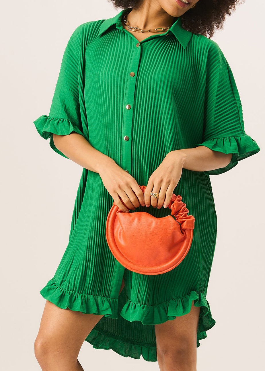Gini London Green Plisse Frill Detail Oversized Shirt Dress