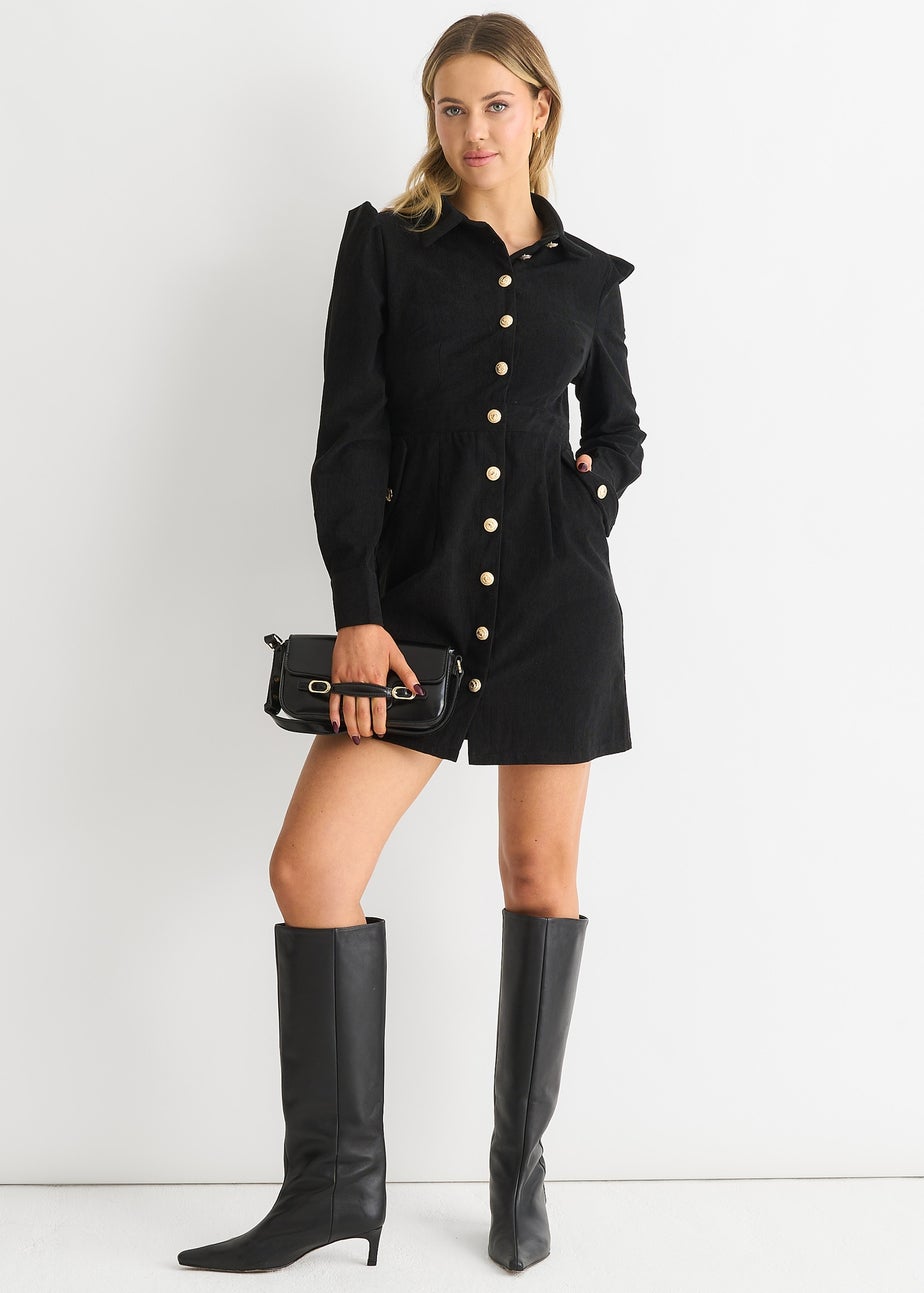 Gini London Black Corduroy Mini Shirt Dress