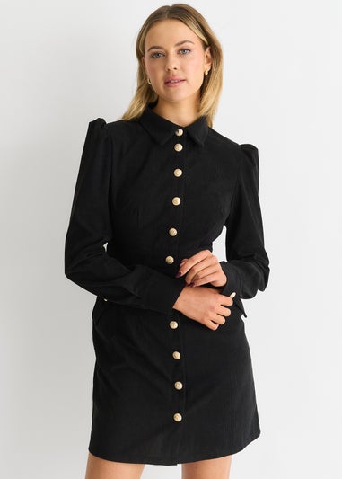 Gini London Black Corduroy Mini Shirt Dress