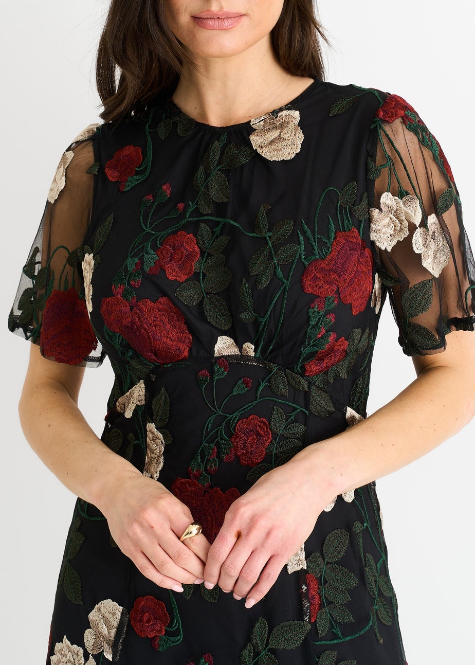 Gini London Black Angel Sleeves Embroidered Occasion Midi Dress