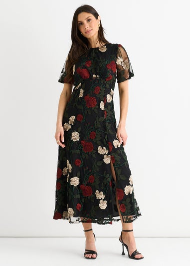 Gini London Black Angel Sleeves Embroidered Occasion Midi Dress