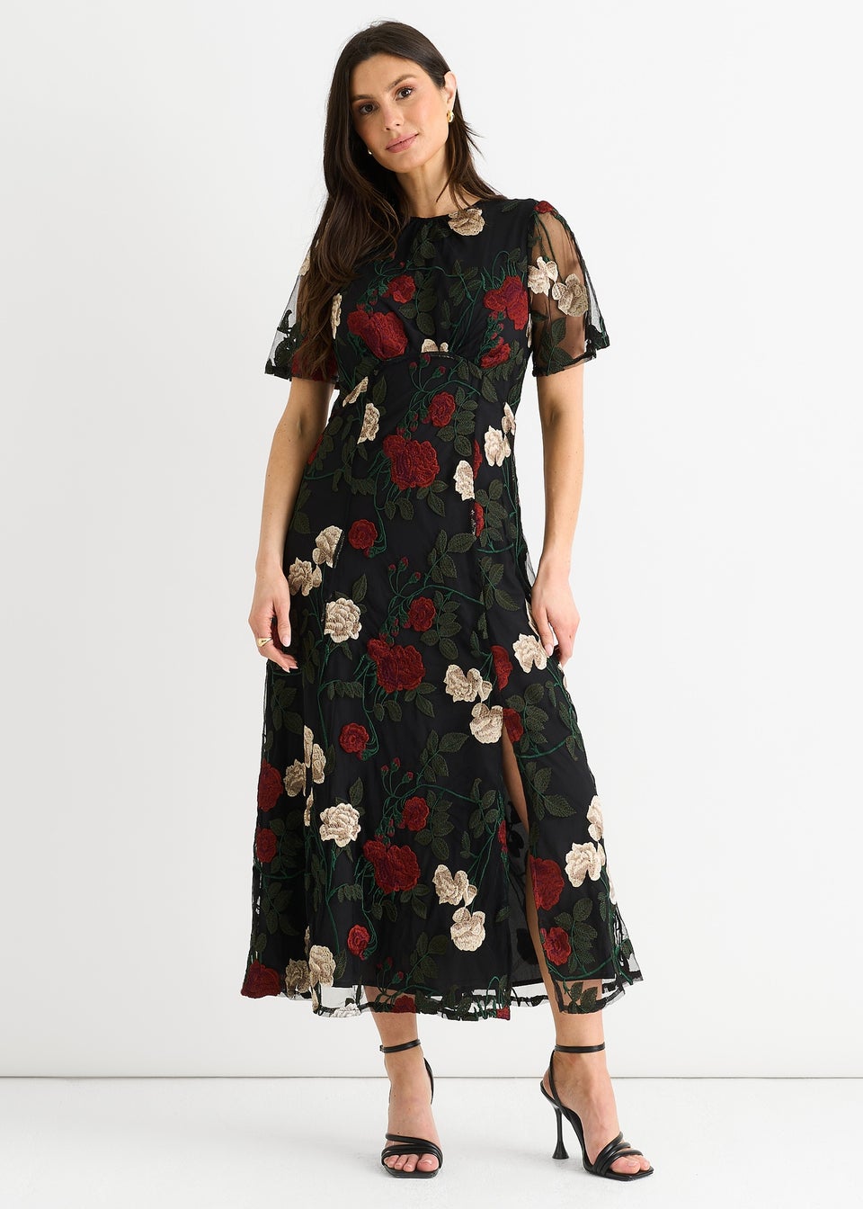 Gini London Black Angel Sleeves Embroidered Occasion Midi Dress