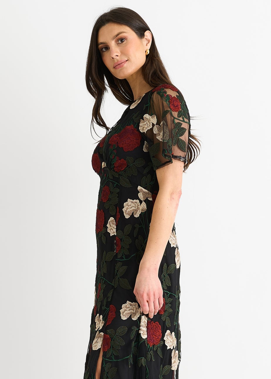 Gini London Black Angel Sleeves Embroidered Occasion Midi Dress