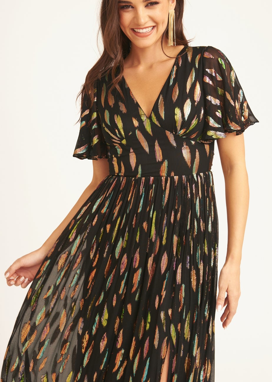 Gini London Black Multi Jacquard Angel Sleeves Maxi Dress