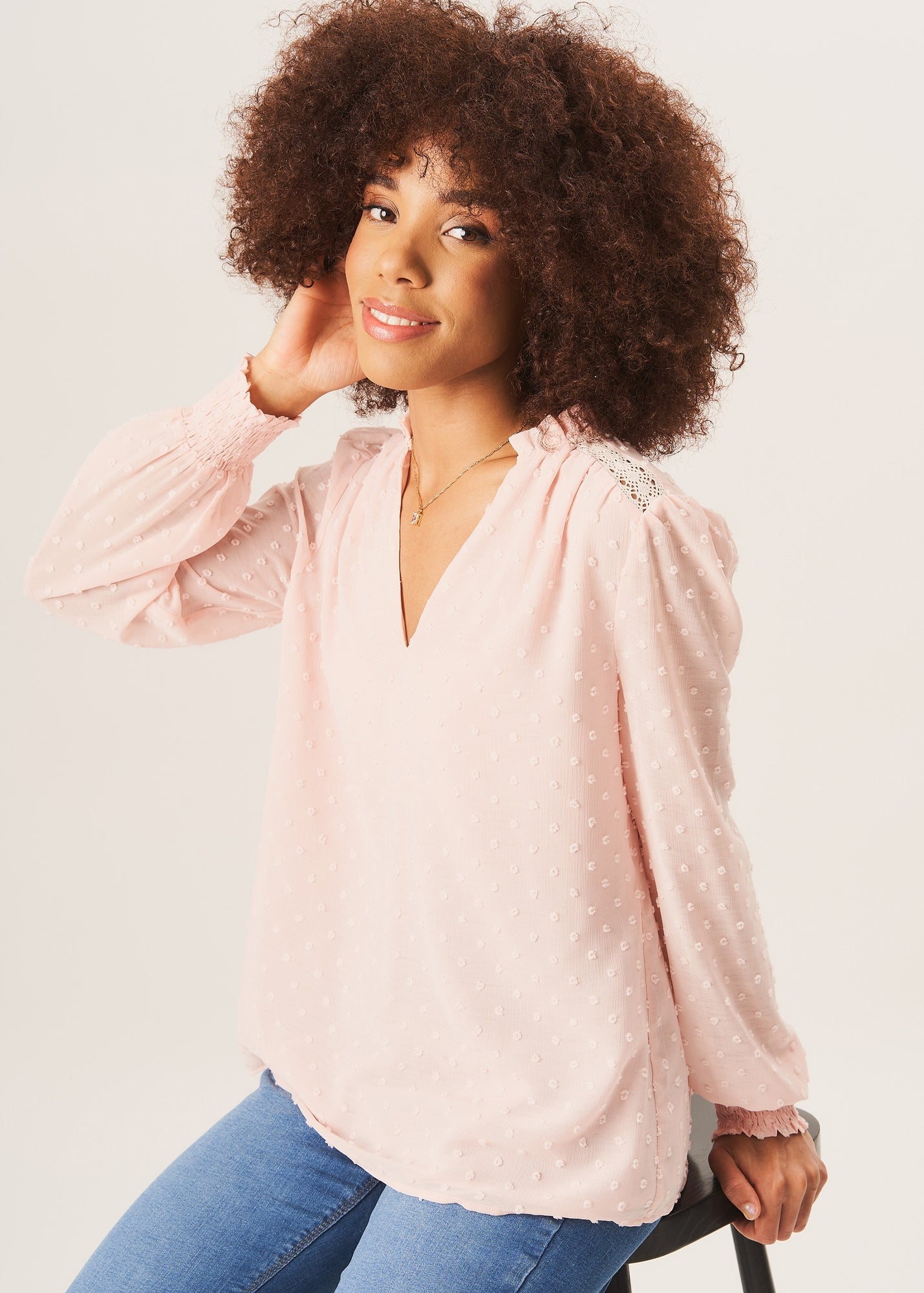 Gini London Light Pink Dobby Chiffon Frill Neck Blouse - Matalan