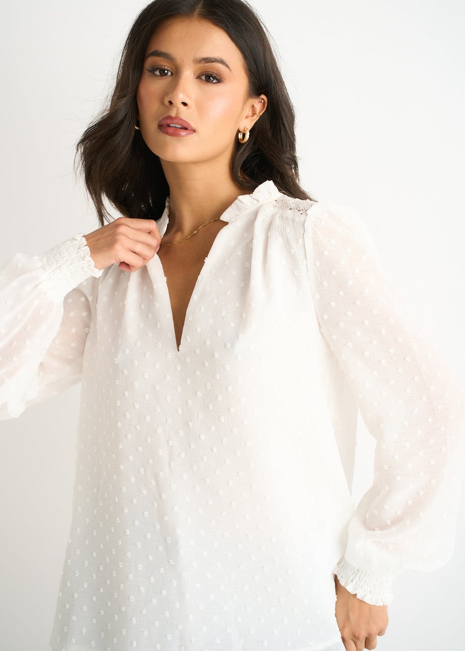Gini London White Dobby Chiffon Frill Neck Blouse