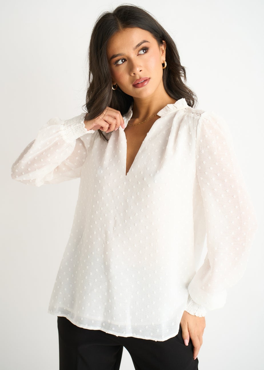 Gini London White Dobby Chiffon Frill Neck Blouse
