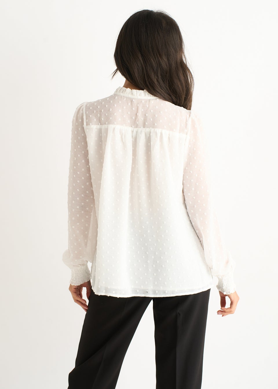 Gini London White Dobby Chiffon Frill Neck Blouse