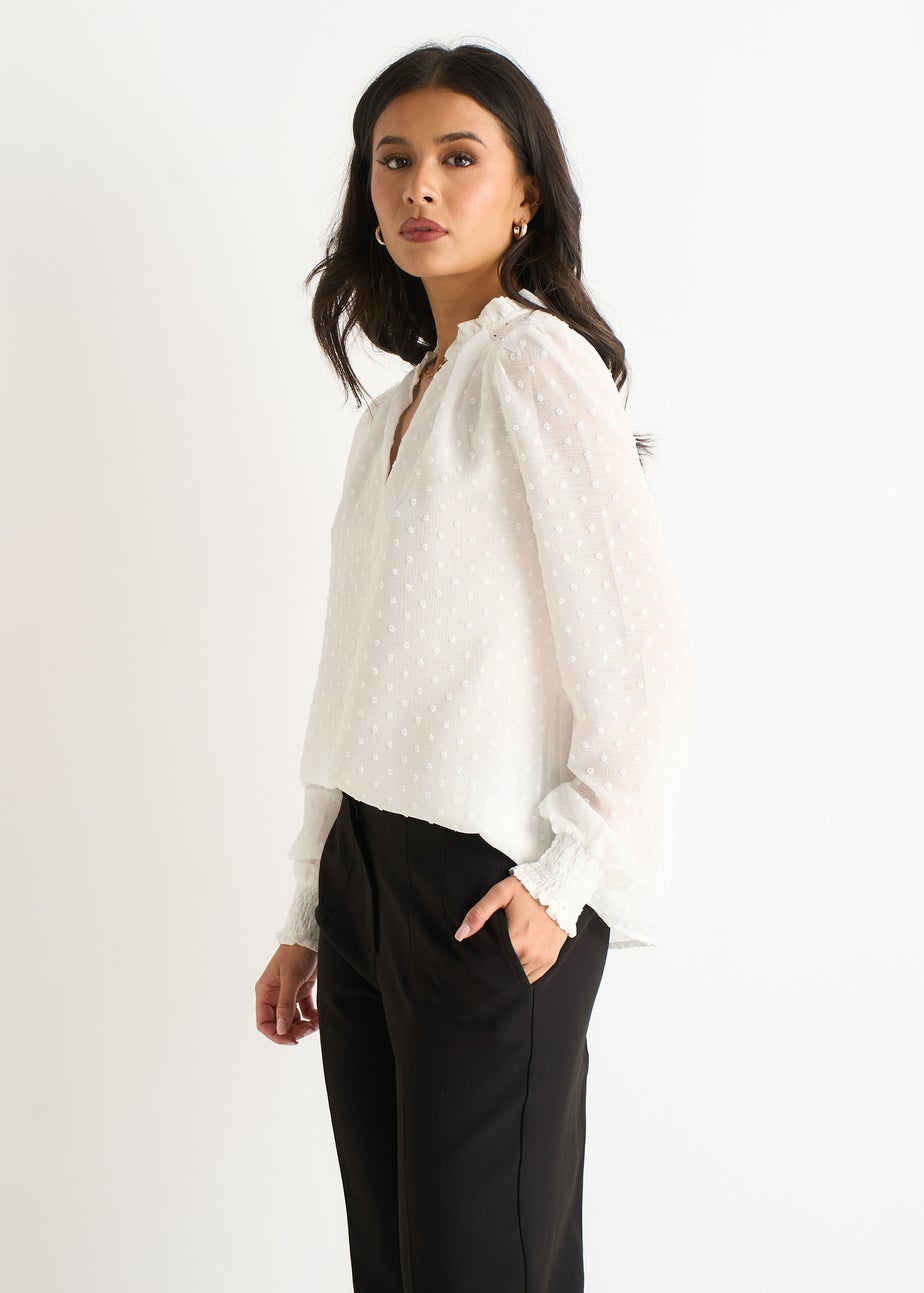 Gini London White Dobby Chiffon Frill Neck Blouse