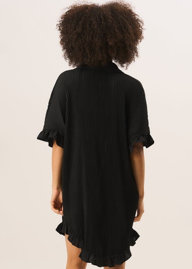 Gini London Black Plisse Frill Detail Oversized Shirt Dress