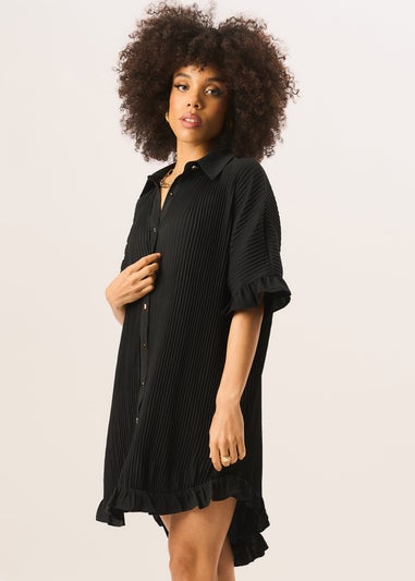Gini London Black Plisse Frill Detail Oversized Shirt Dress